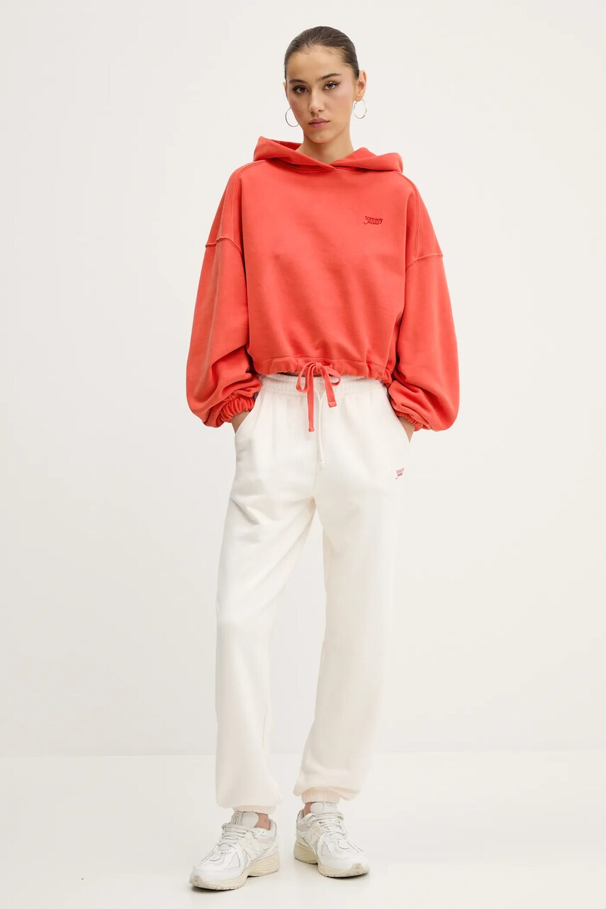 Хлопковая кофта Tommy Jeans цвет оранжевый с капюшоном однотонная DW0DW20314 Хлопковая кофта Tommy Jeans цвет оранжевый с капюшоном однотонная DW0DW20314