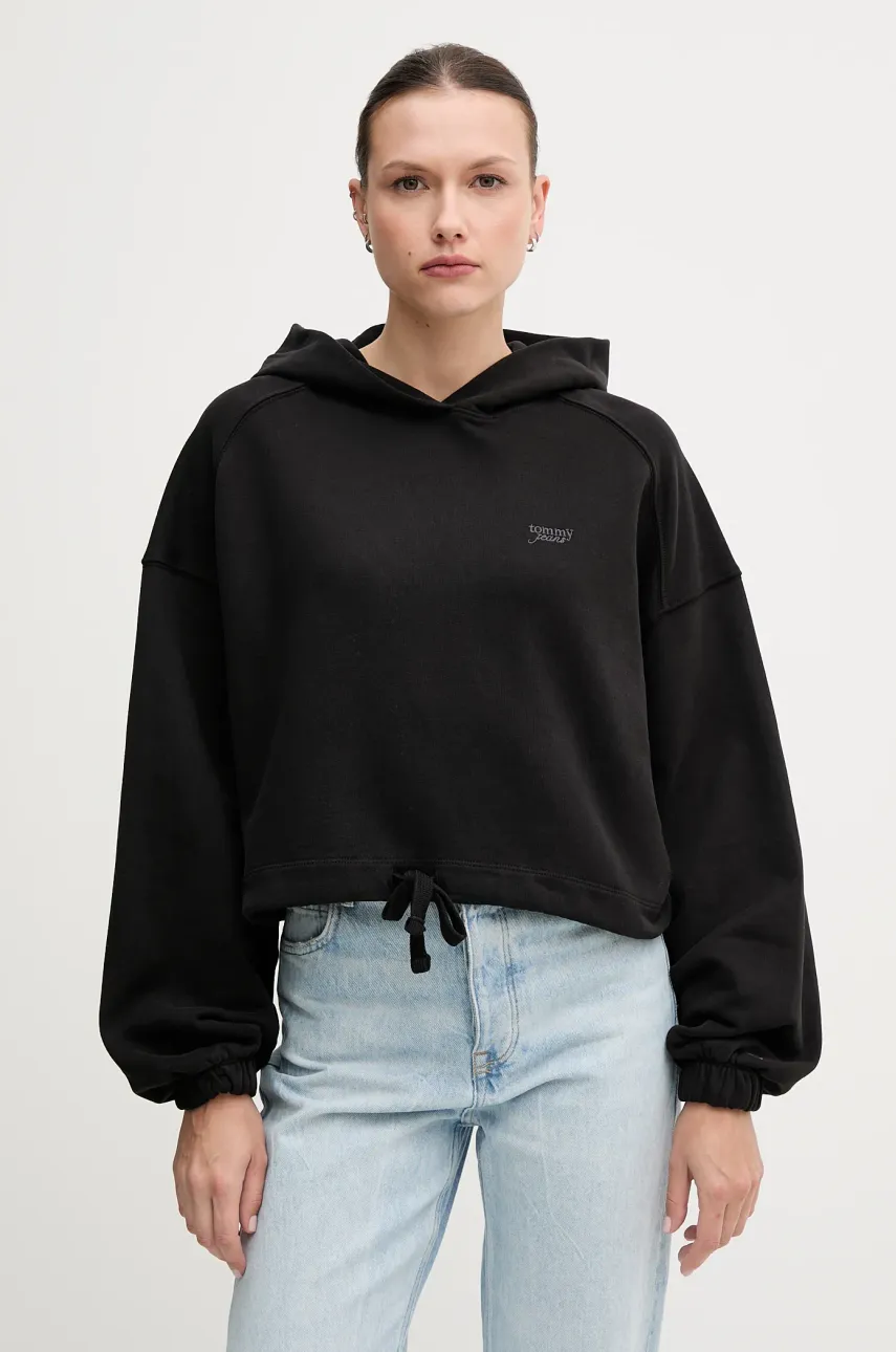 Levně Bavlněná mikina Tommy Jeans dámská, černá barva, s kapucí, hladká, DW0DW20314