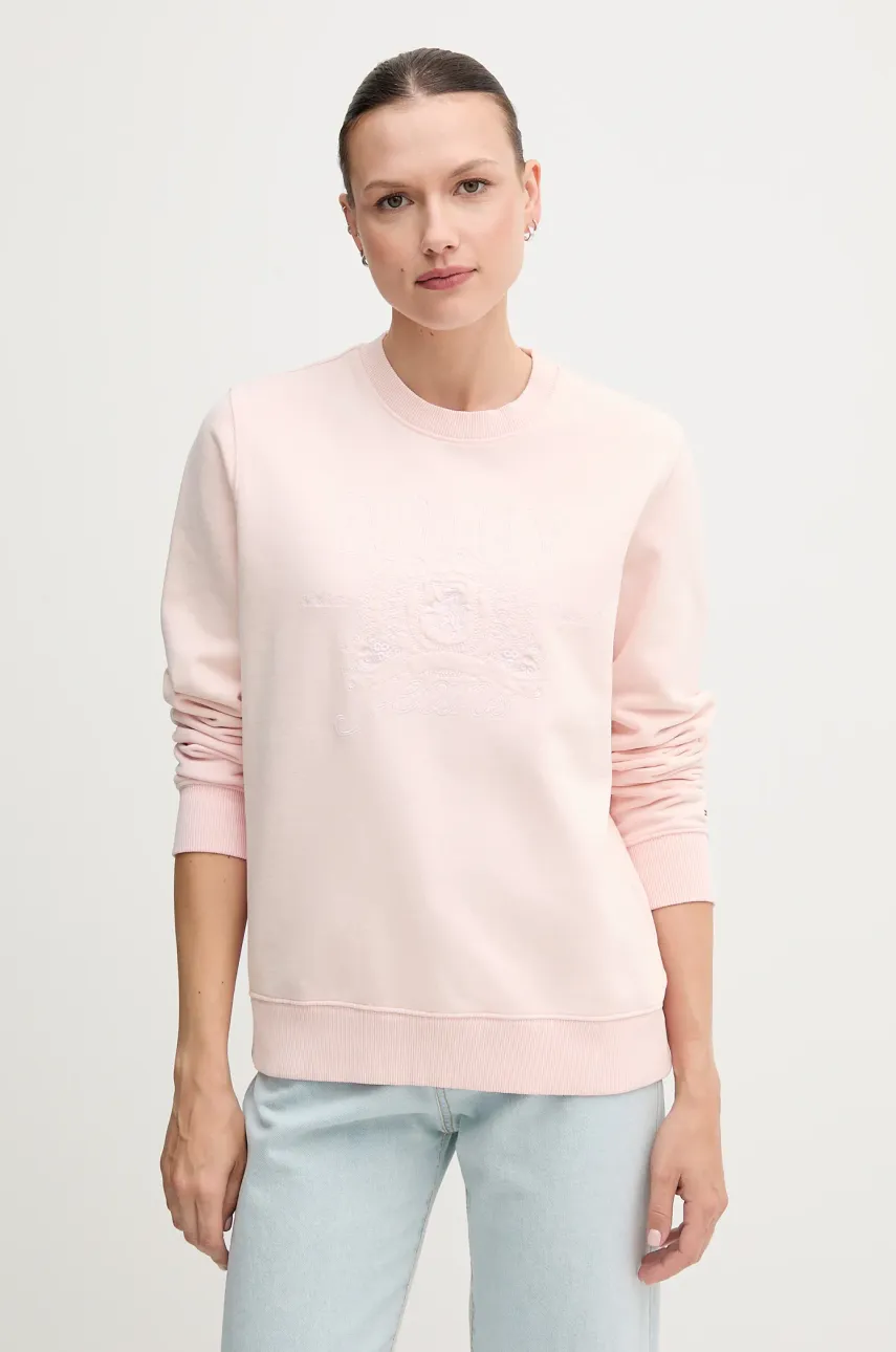Levně Bavlněná mikina Tommy Jeans dámská, růžová barva, s aplikací, DW0DW20637