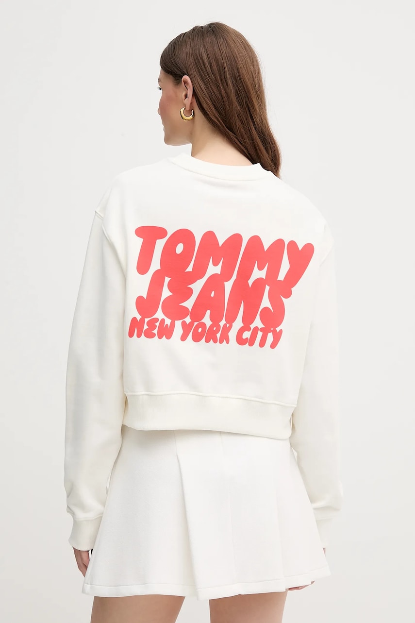 Tommy Jeans hanorac de bumbac culoarea alb, cu imprimeu, DW0DW21345