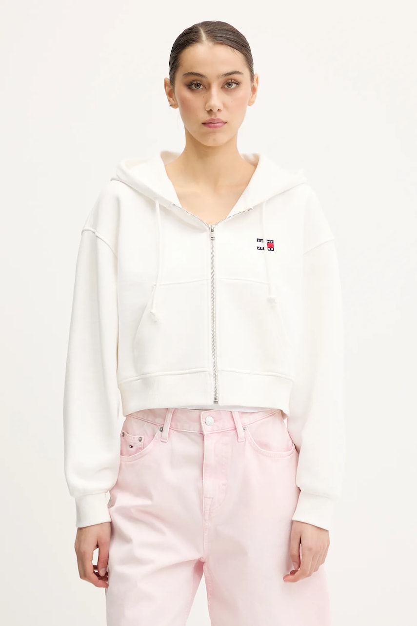 Tommy Jeans hanorac de bumbac culoarea alb, cu glugă, cu imprimeu, DW0DW21355 Tommy Jeans hanorac de bumbac culoarea alb, cu glugă, cu imprimeu, DW0DW21355