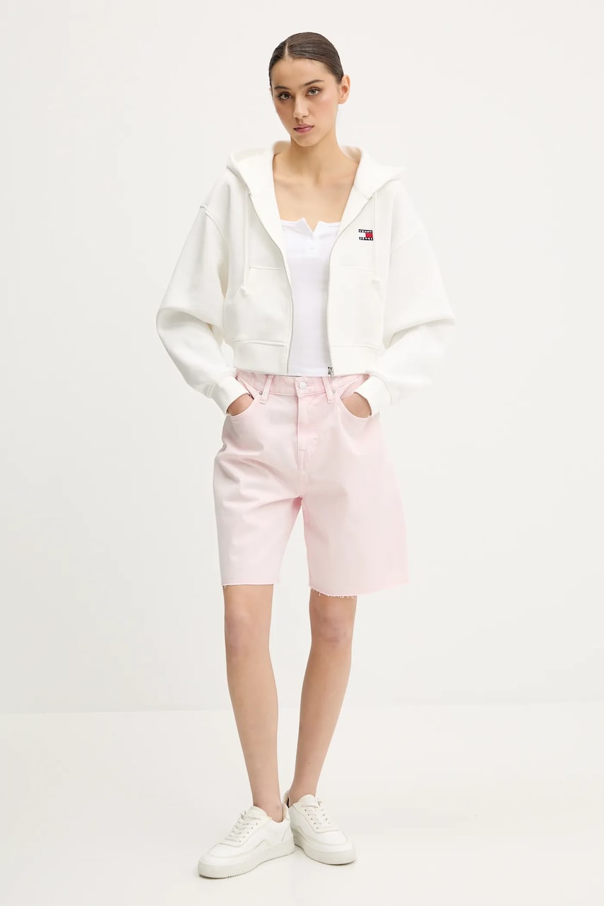 Хлопковая кофта Tommy Jeans цвет белый с капюшоном с аппликацией DW0DW21355 Хлопковая кофта Tommy Jeans цвет белый с капюшоном с аппликацией DW0DW21355