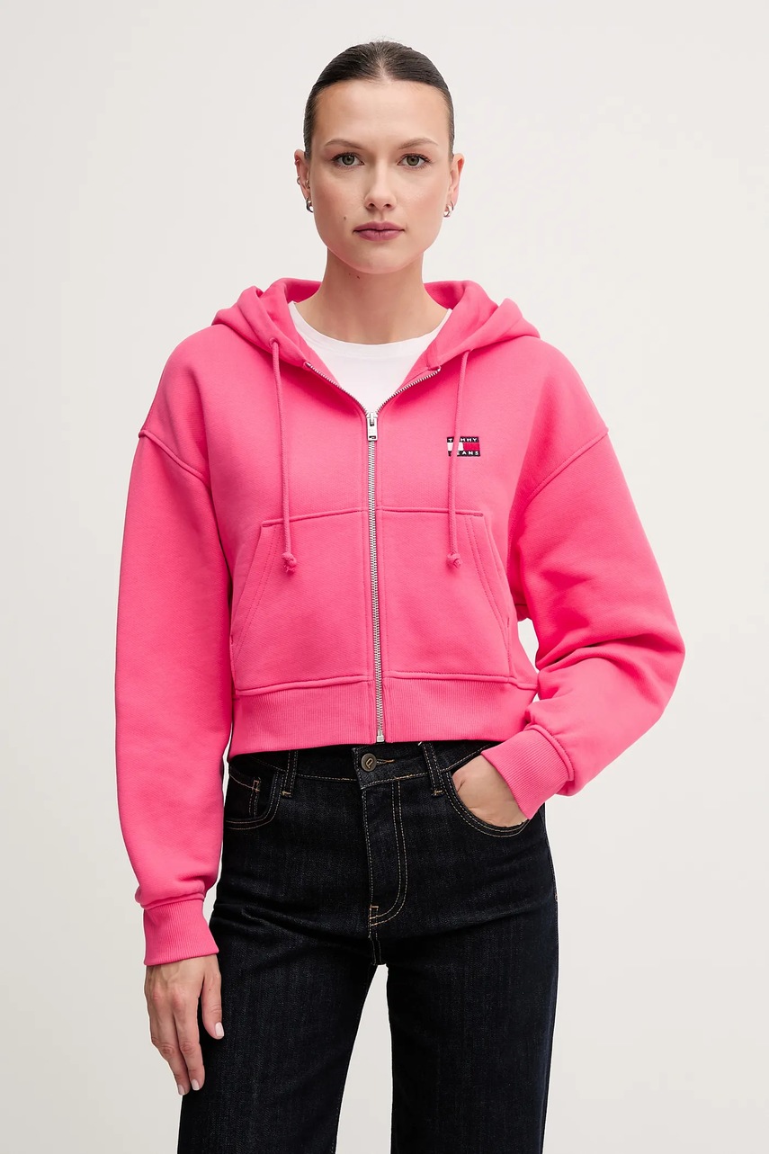 Tommy Jeans hanorac de bumbac culoarea roz, cu glugă, cu imprimeu, DW0DW21355