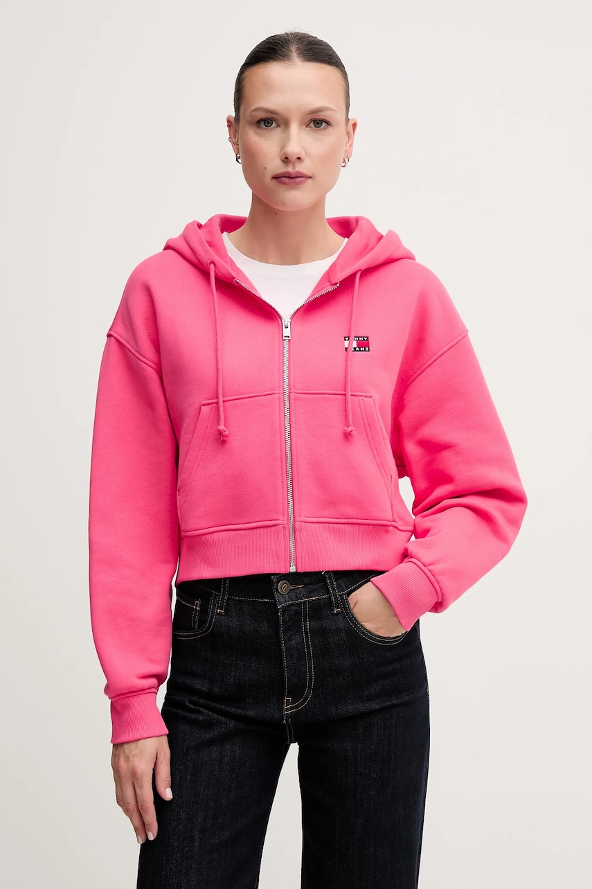 Tommy Jeans hanorac de bumbac culoarea roz, cu glugă, cu imprimeu, DW0DW21355 Tommy Jeans hanorac de bumbac culoarea roz, cu glugă, cu imprimeu, DW0DW21355