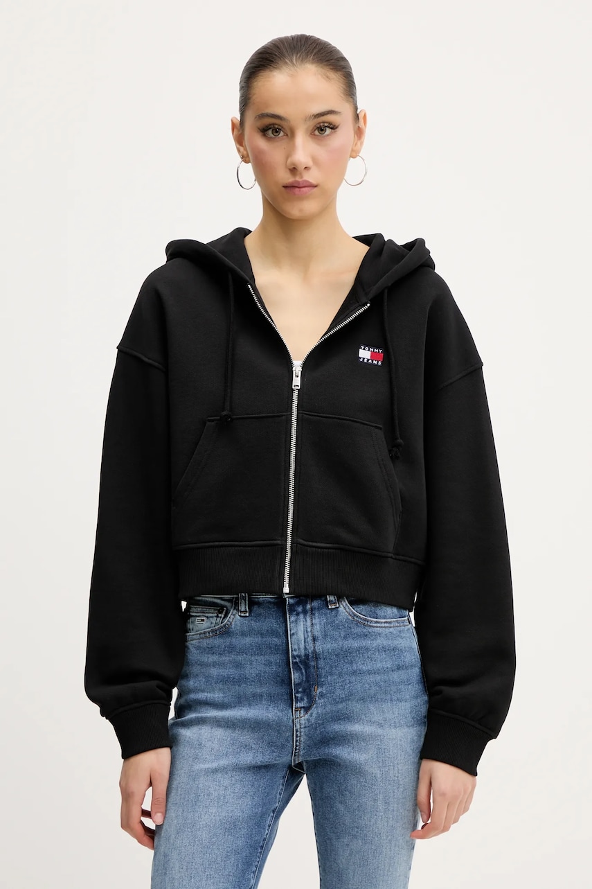 Tommy Jeans hanorac de bumbac culoarea negru, cu glugă, cu imprimeu, DW0DW21355 Tommy Jeans hanorac de bumbac culoarea negru, cu glugă, cu imprimeu, DW0DW21355