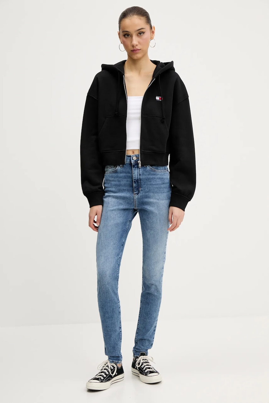 Хлопковая кофта Tommy Jeans цвет чёрный с капюшоном с аппликацией DW0DW21355 Хлопковая кофта Tommy Jeans цвет чёрный с капюшоном с аппликацией DW0DW21355