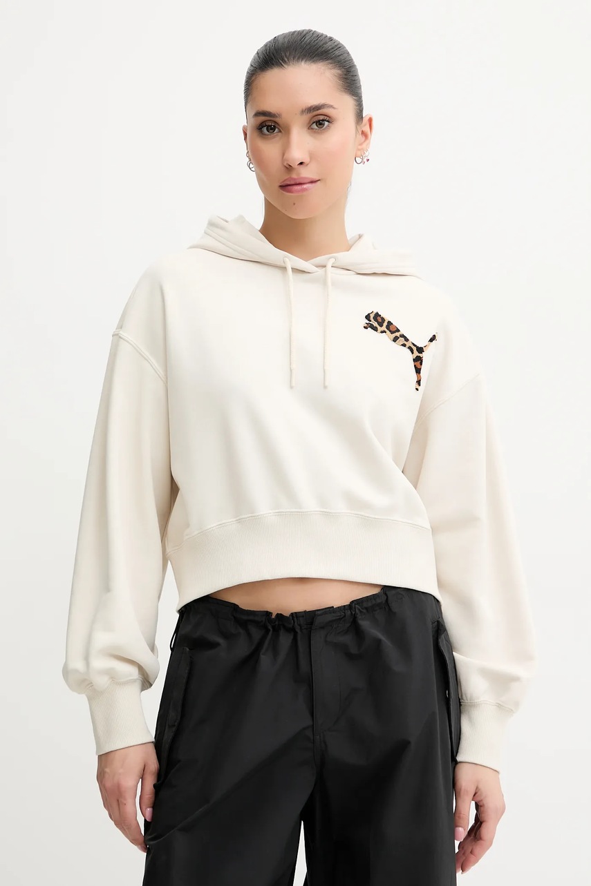 Puma bluza femei, culoarea bej, cu glugă, cu imprimeu, 632338