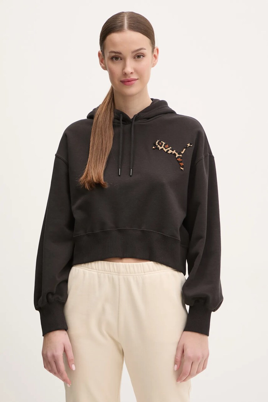 Puma bluza femei, culoarea negru, cu glugă, cu imprimeu, 632338