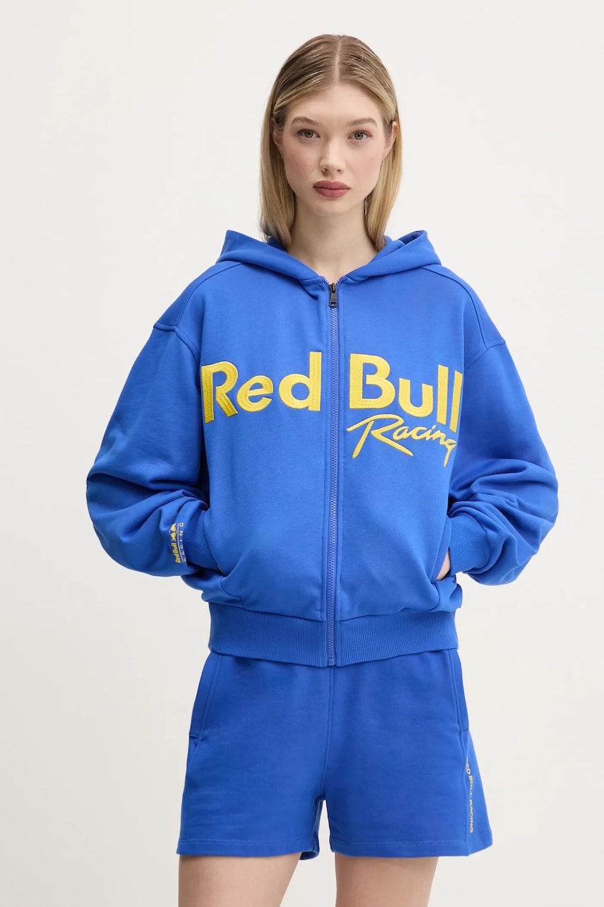 Red Bull Racing x Pepe Jeans hanorac de bumbac LOGO ZIP HOODIE femei, culoarea violet, cu glugă, cu imprimeu, RL580011 Red Bull Racing x Pepe Jeans hanorac de bumbac LOGO ZIP HOODIE femei, culoarea violet, cu glugă, cu imprimeu, RL580011