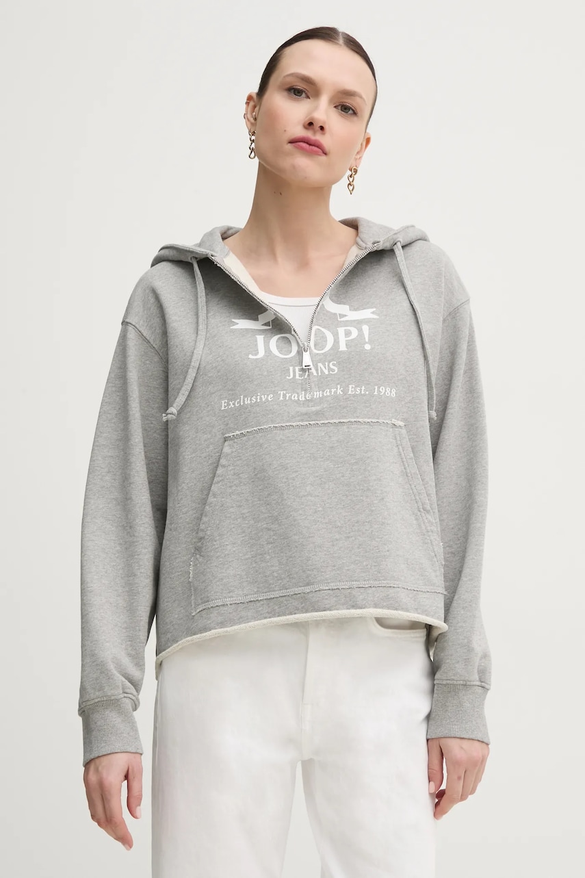Joop! hanorac de bumbac femei, culoarea gri, cu glugă, cu imprimeu, 30046271 Joop! hanorac de bumbac femei, culoarea gri, cu glugă, cu imprimeu, 30046271