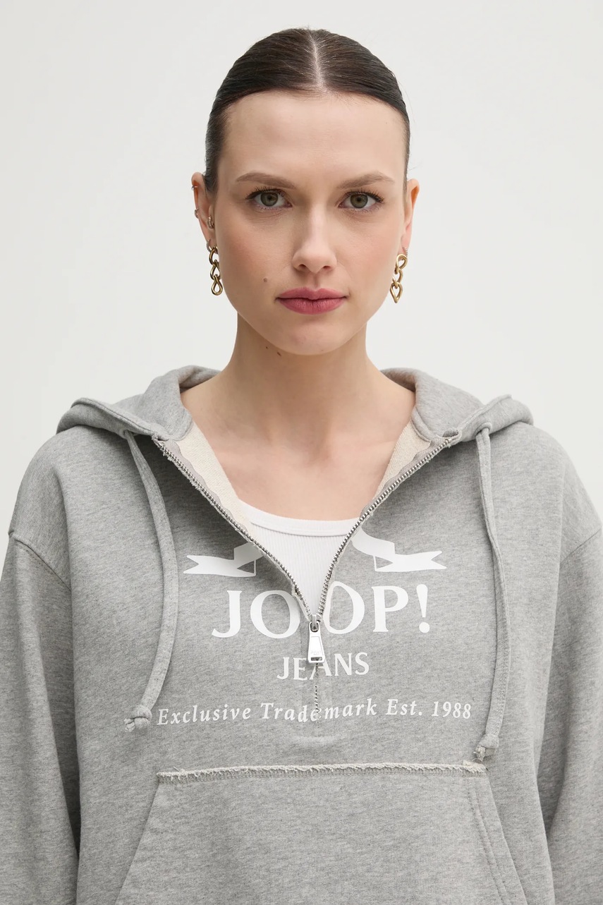 Бавовняна кофта Joop! жіноча колір сірий з капюшоном з принтом 30046271 