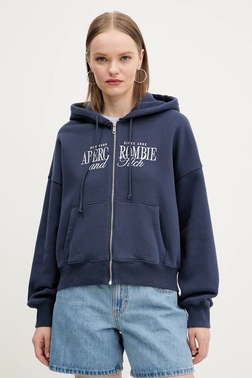 Abercrombie & Fitch bluza femei, culoarea albastru marin, cu glugă, cu imprimeu, KI185-5011 Abercrombie & Fitch bluza femei, culoarea albastru marin, cu glugă, cu imprimeu, KI185-5011