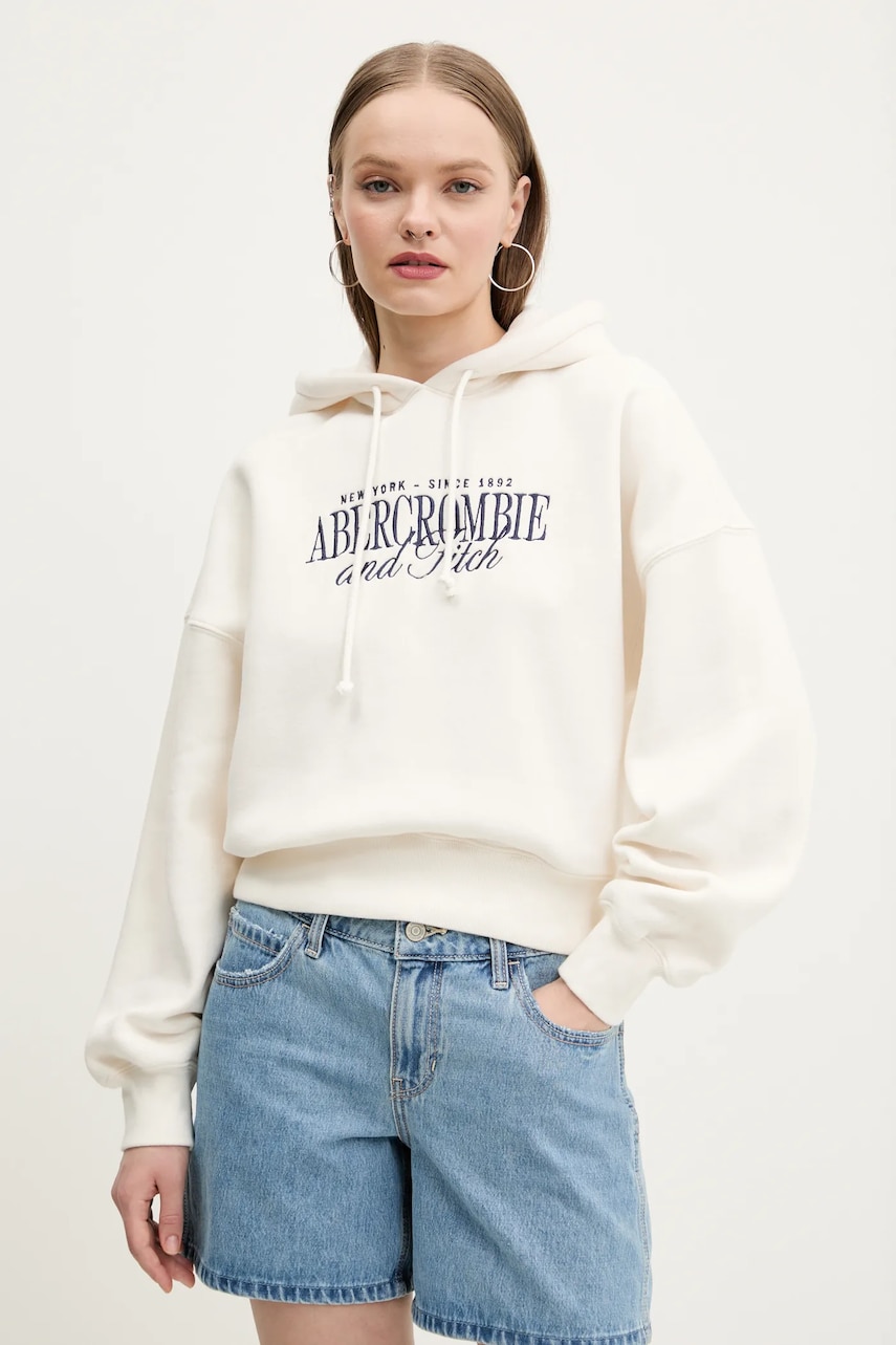 Abercrombie & Fitch bluza femei, culoarea bej, cu glugă, cu imprimeu, KI185-5022 Abercrombie & Fitch bluza femei, culoarea bej, cu glugă, cu imprimeu, KI185-5022