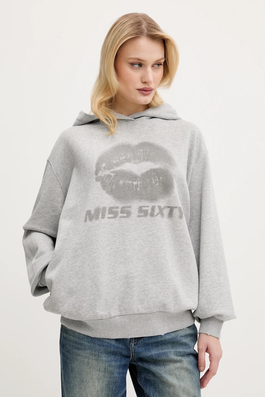 Miss Sixty hanorac de bumbac femei, culoarea gri, cu glugă, cu imprimeu, 6S1TJ59900