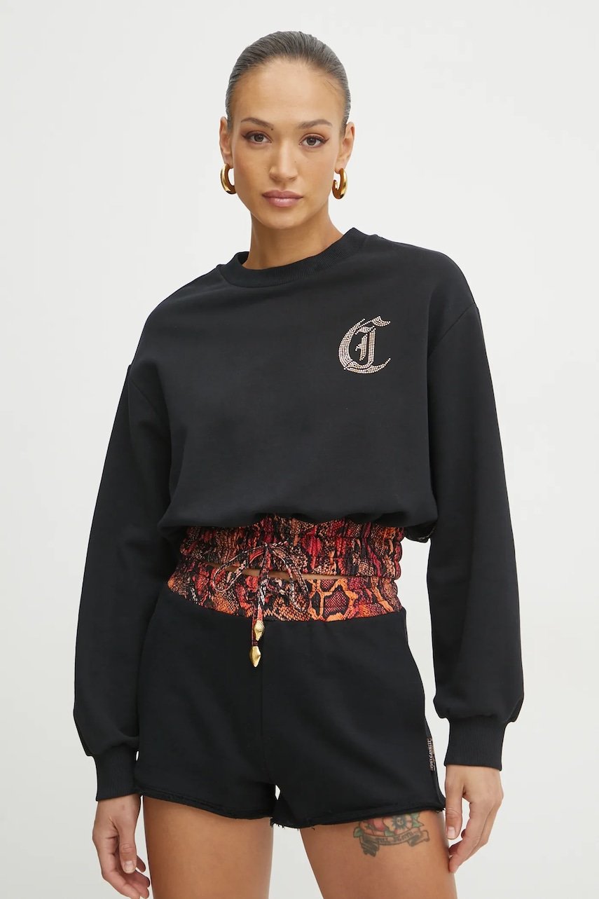 Just Cavalli hanorac de bumbac femei, culoarea negru, cu imprimeu, 78PAIE01 CF100