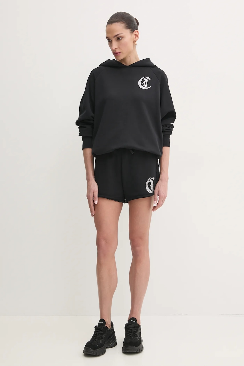 Хлопковая кофта Just Cavalli женская цвет чёрный с капюшоном с аппликацией 78PAIE08 CF100 Хлопковая кофта Just Cavalli женская цвет чёрный с капюшоном с аппликацией 78PAIE08 CF100