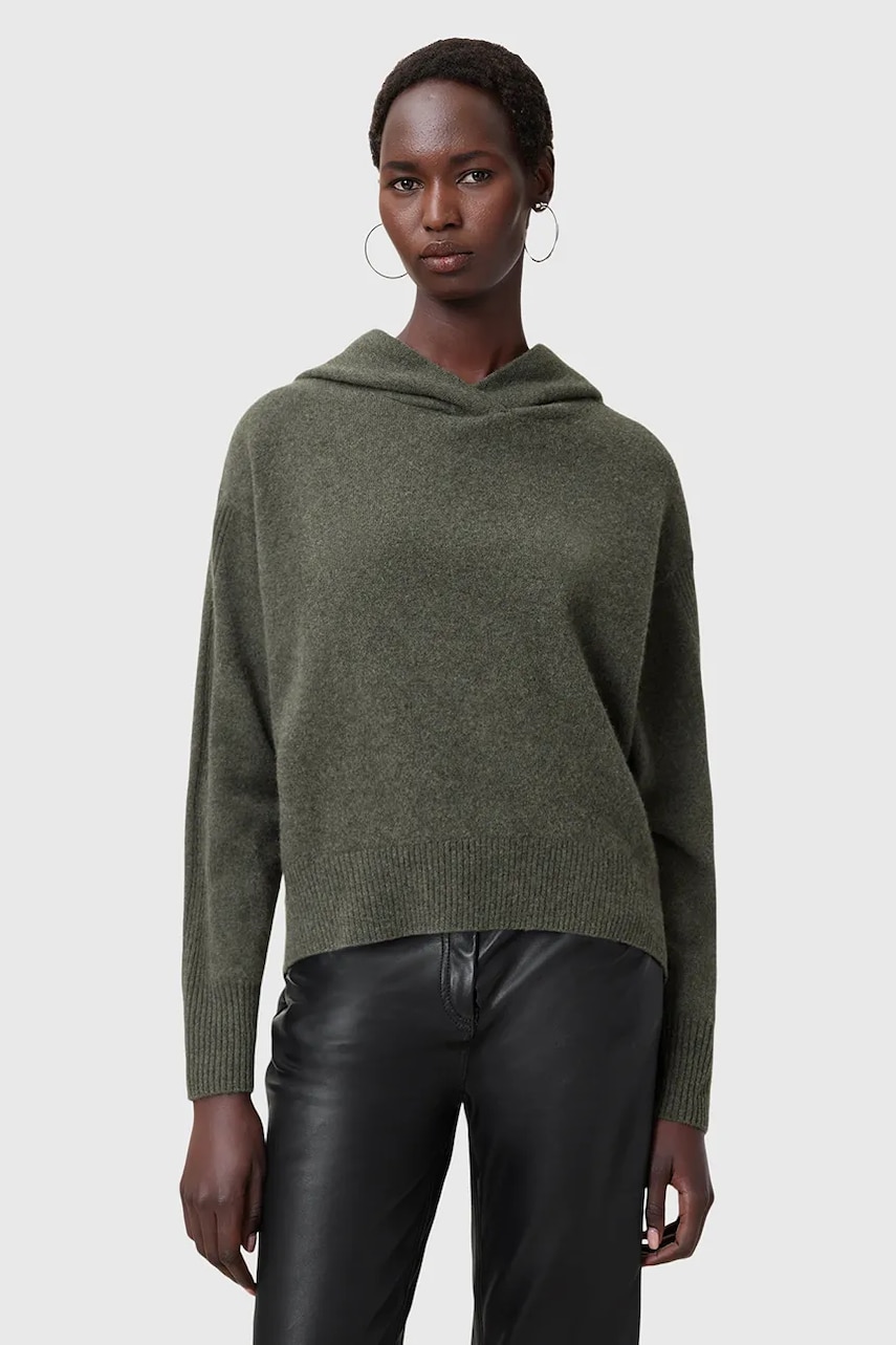 AllSaints bluza din lana IRINA femei, culoarea gri, cu glugă, neted, W070KC AllSaints bluza din lana IRINA femei, culoarea gri, cu glugă, neted, W070KC