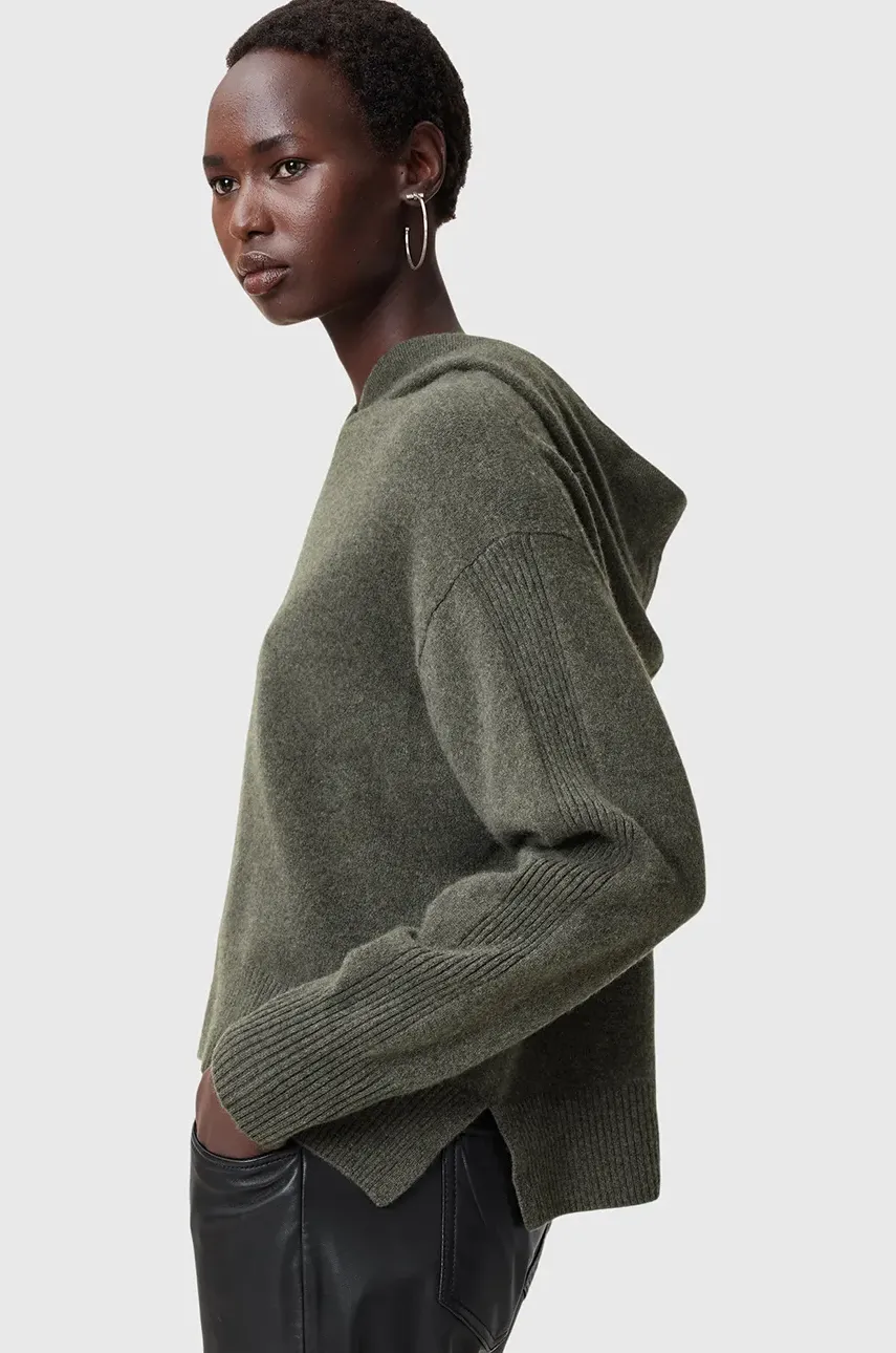 Шерстяная кофта AllSaints IRINA женская цвет серый с капюшоном однотонная W070KC Шерстяная кофта AllSaints IRINA женская цвет серый с капюшоном однотонная W070KC