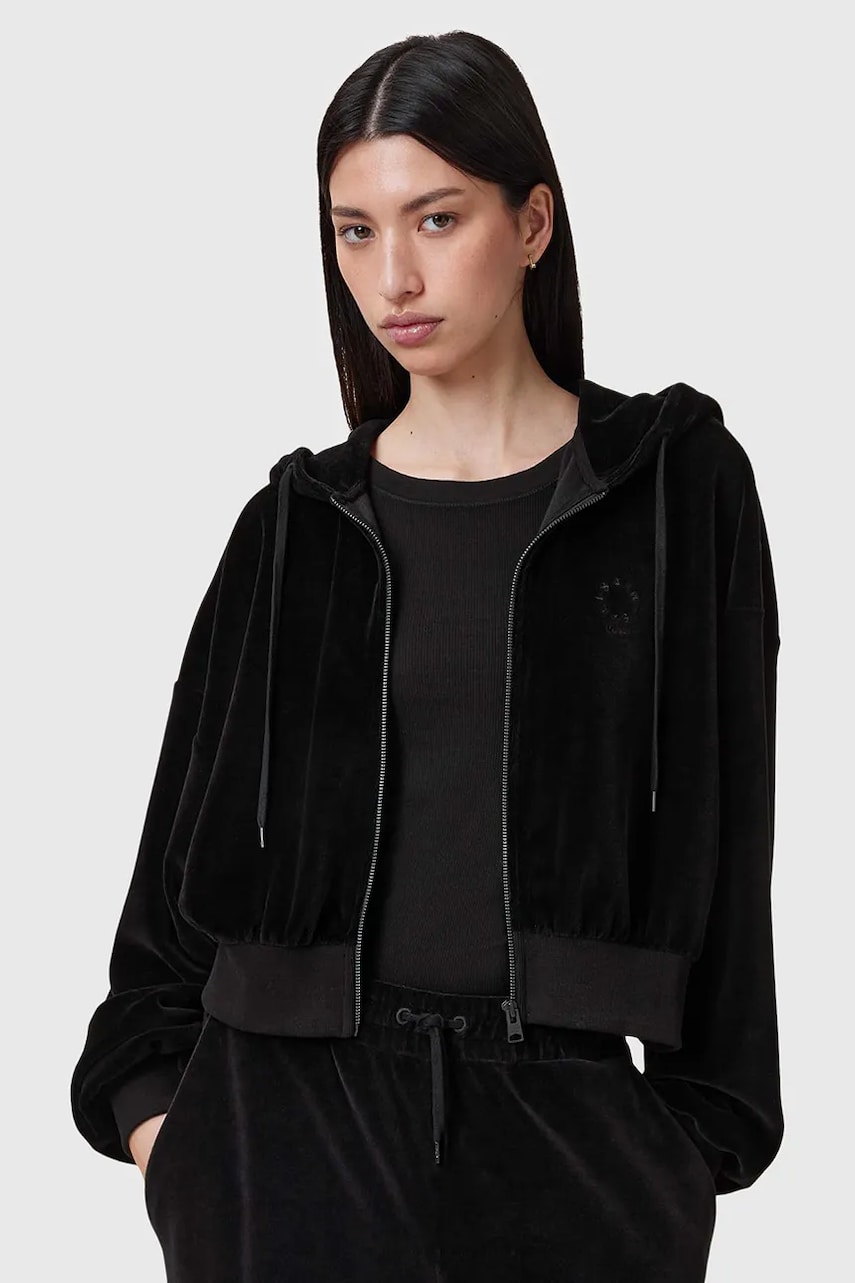 AllSaints bluza VINNY femei, culoarea negru, cu glugă, neted, W075JC AllSaints bluza VINNY femei, culoarea negru, cu glugă, neted, W075JC