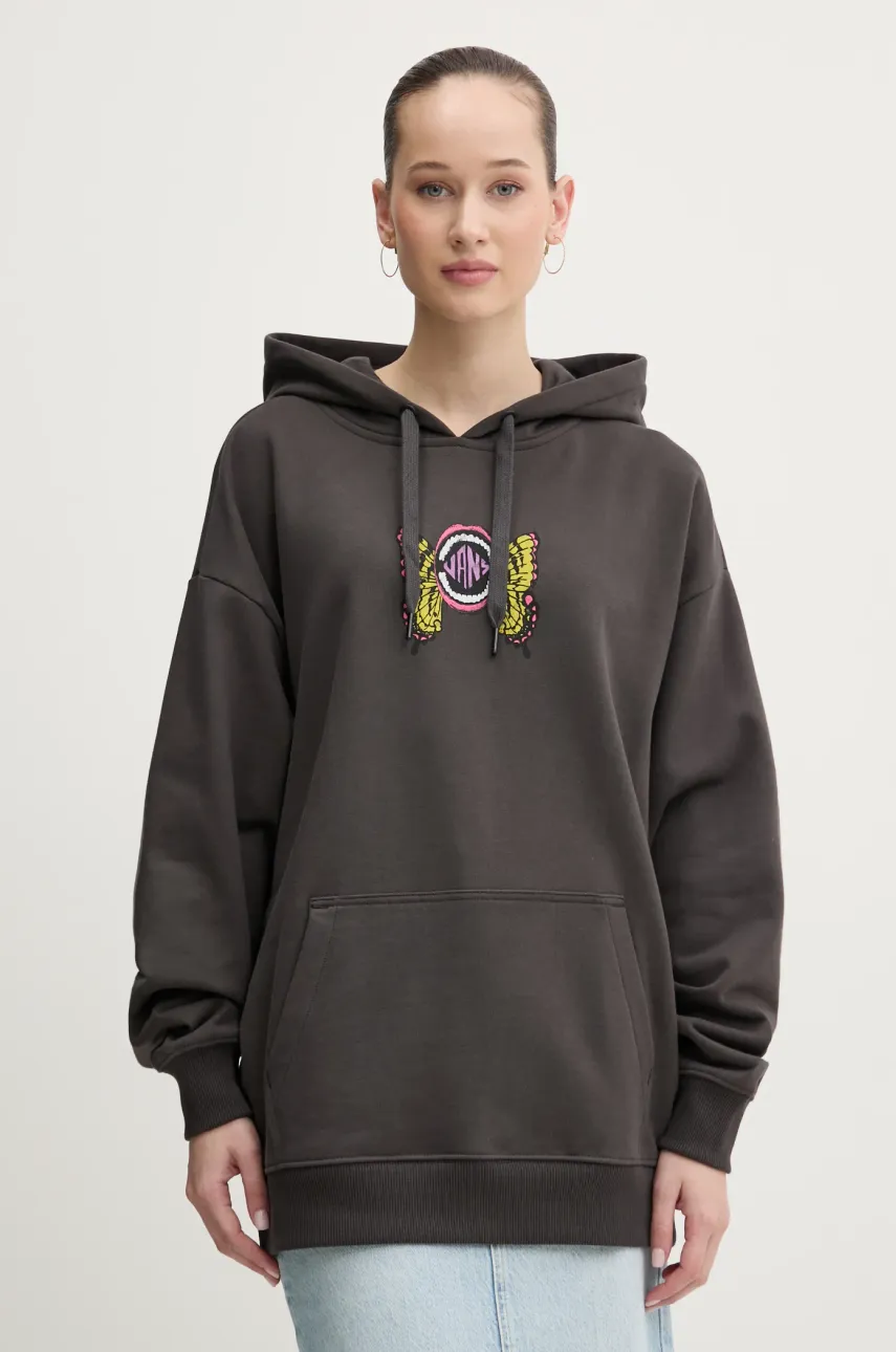 Vans hanorac de bumbac femei, culoarea maro, cu glugă, cu imprimeu, VN000NXVBLK1