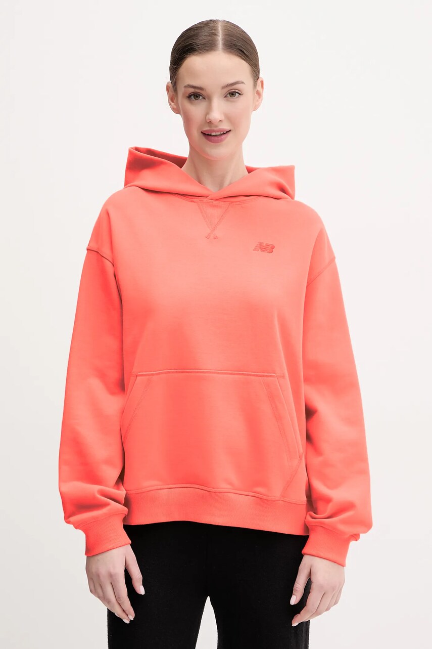 New Balance hanorac de bumbac femei, culoarea portocaliu, cu glugă, neted, WT41537DTR