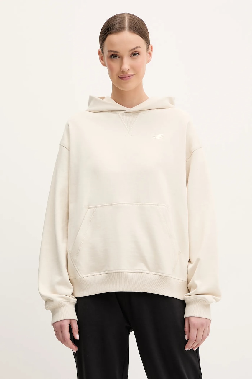 New Balance hanorac de bumbac femei, culoarea bej, cu glugă, uni, WT41537LIN New Balance hanorac de bumbac femei, culoarea bej, cu glugă, uni, WT41537LIN