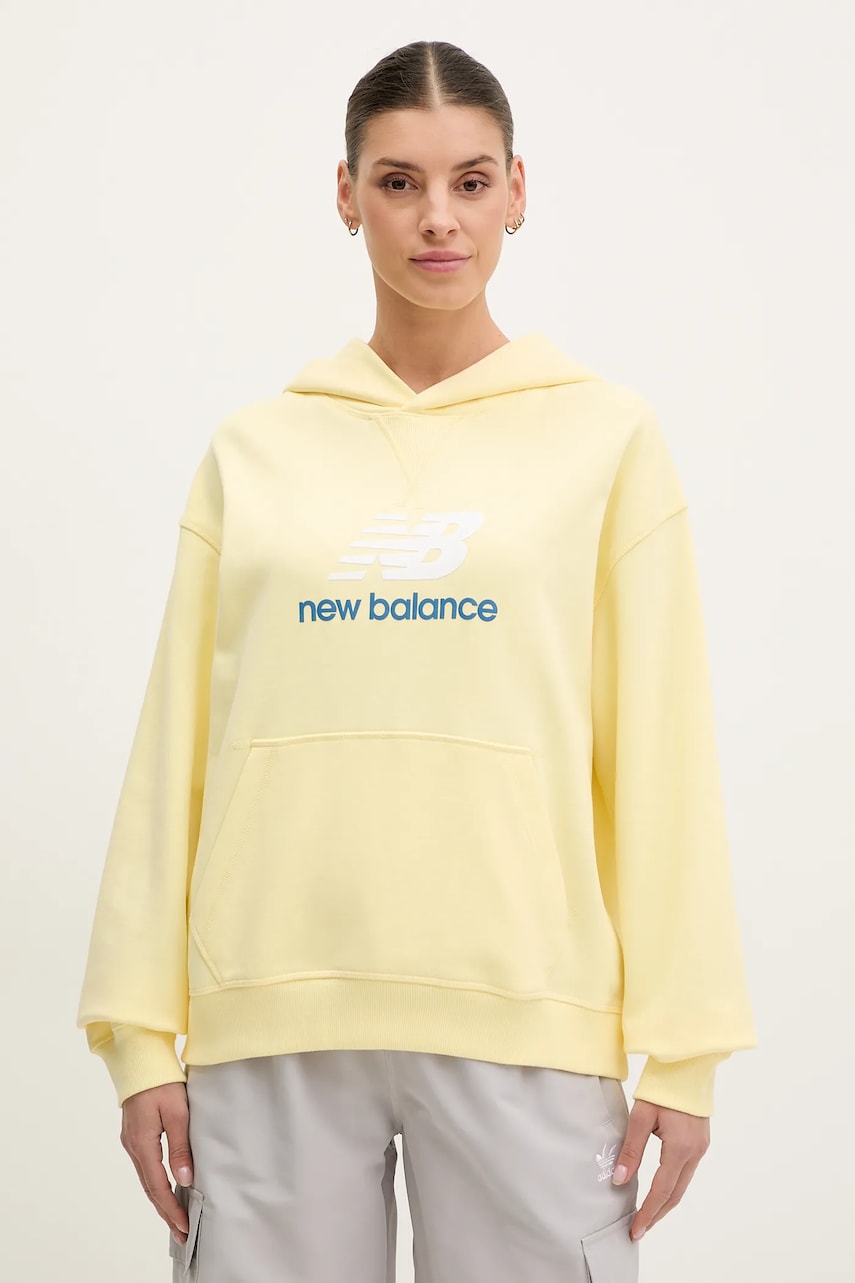 

Памучен суичър New Balance в жълто с качулка с принт WT51501PRC, Жълт