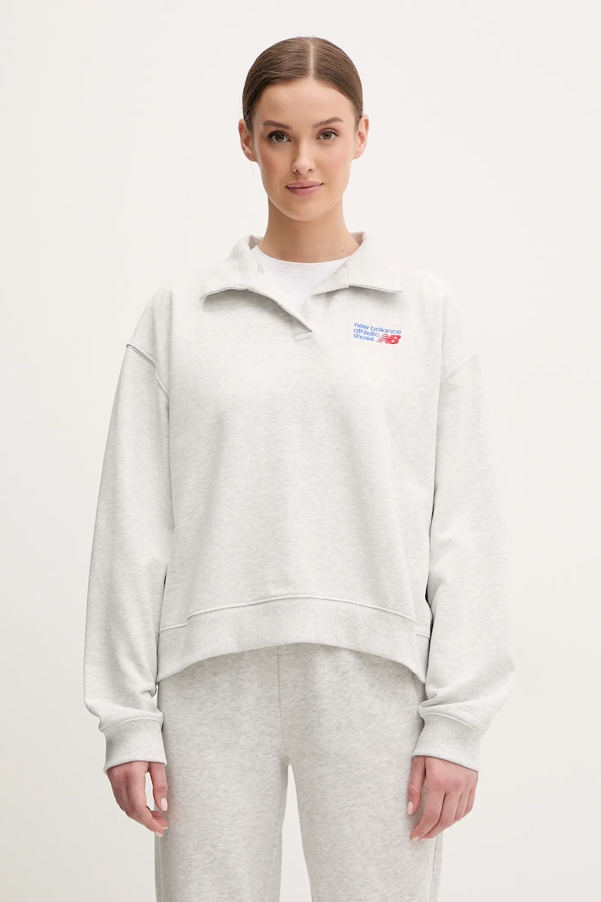 New Balance hanorac de bumbac femei, culoarea gri, melanj, WT51513AHH New Balance hanorac de bumbac femei, culoarea gri, melanj, WT51513AHH