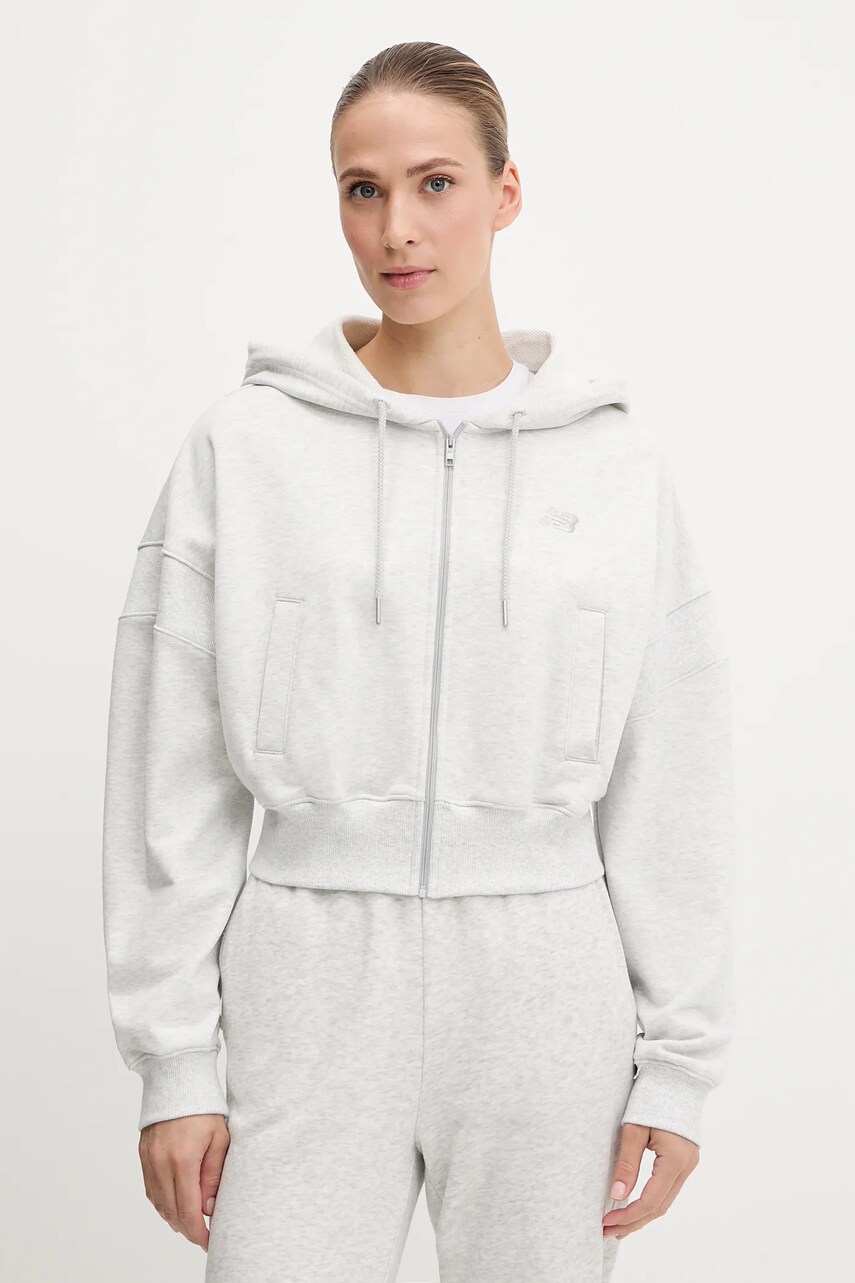 New Balance hanorac de bumbac culoarea gri, cu gluga, uni, WJ51506AHH