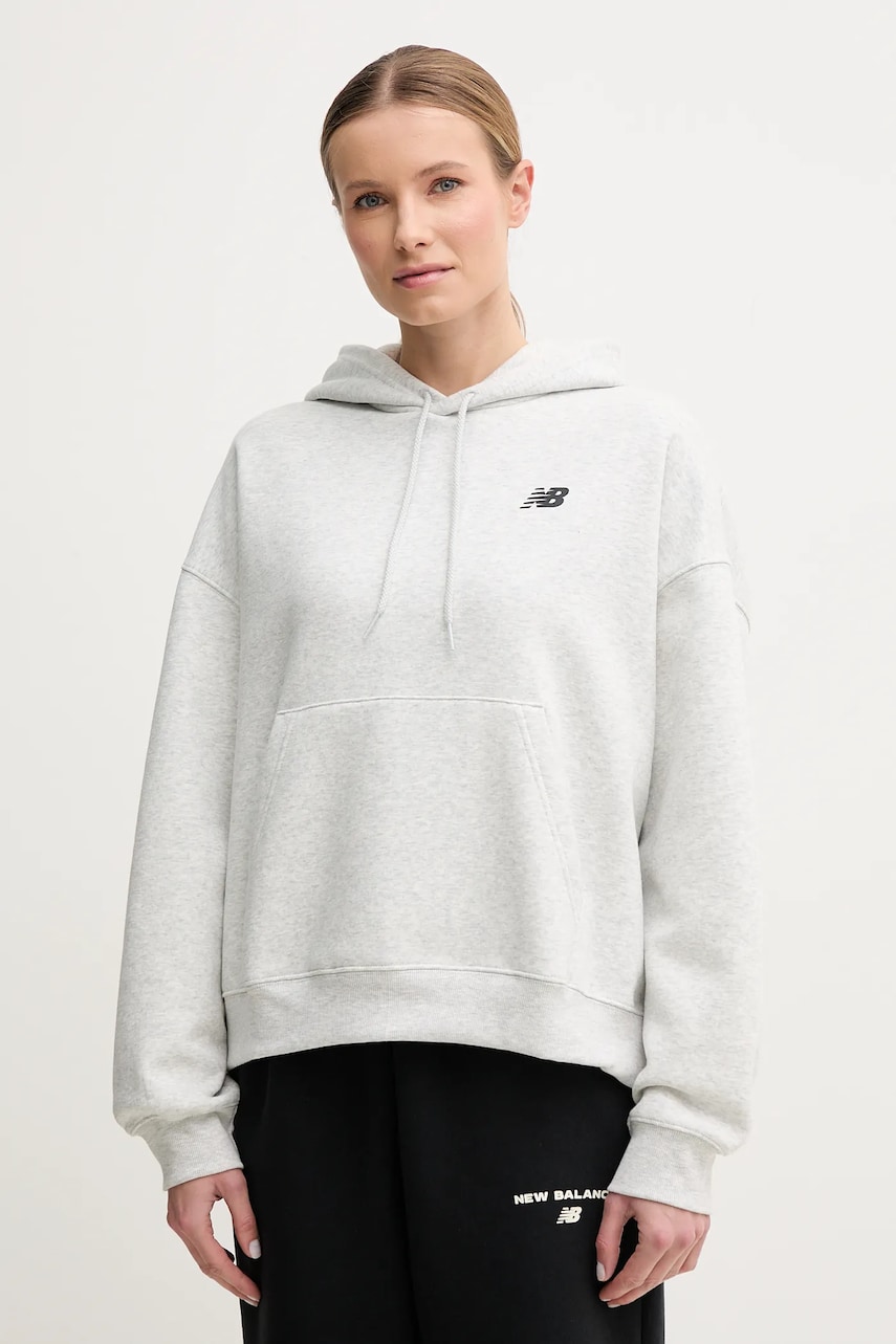 New Balance bluza femei, culoarea gri, cu glugă, melanj, WT51518AHH New Balance bluza femei, culoarea gri, cu glugă, melanj, WT51518AHH