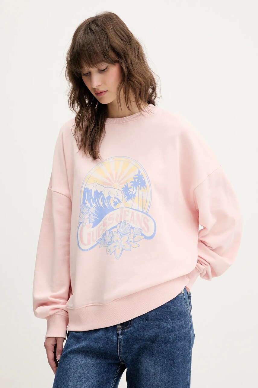 Levně Bavlněná mikina Guess Jeans dámská, růžová barva, s potiskem, W5GQ16 K68I4