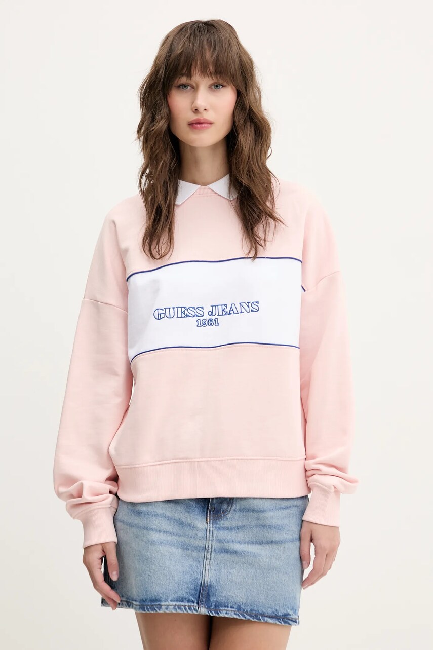 Levně Bavlněná mikina Guess Jeans dámská, růžová barva, vzorovaná, W5GQ17 K68I4