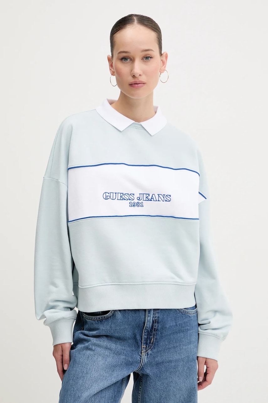 Levně Bavlněná mikina Guess Jeans dámská, modrá barva, vzorovaná, W5GQ17 K68I4