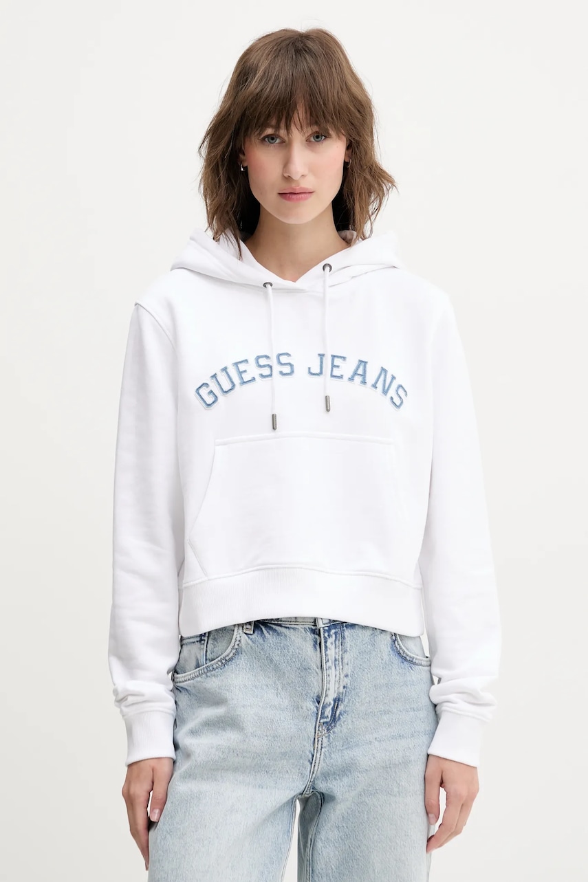 Bavlněná mikina Guess Jeans dámská, bílá barva, s kapucí, s aplikací, W5GQ22 K68I4