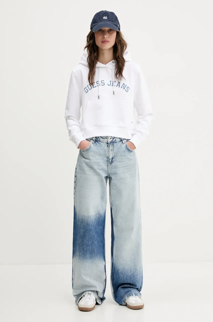 Хлопковая кофта Guess Jeans женская цвет белый с капюшоном с аппликацией W5GQ22 K68I4 Хлопковая кофта Guess Jeans женская цвет белый с капюшоном с аппликацией W5GQ22 K68I4