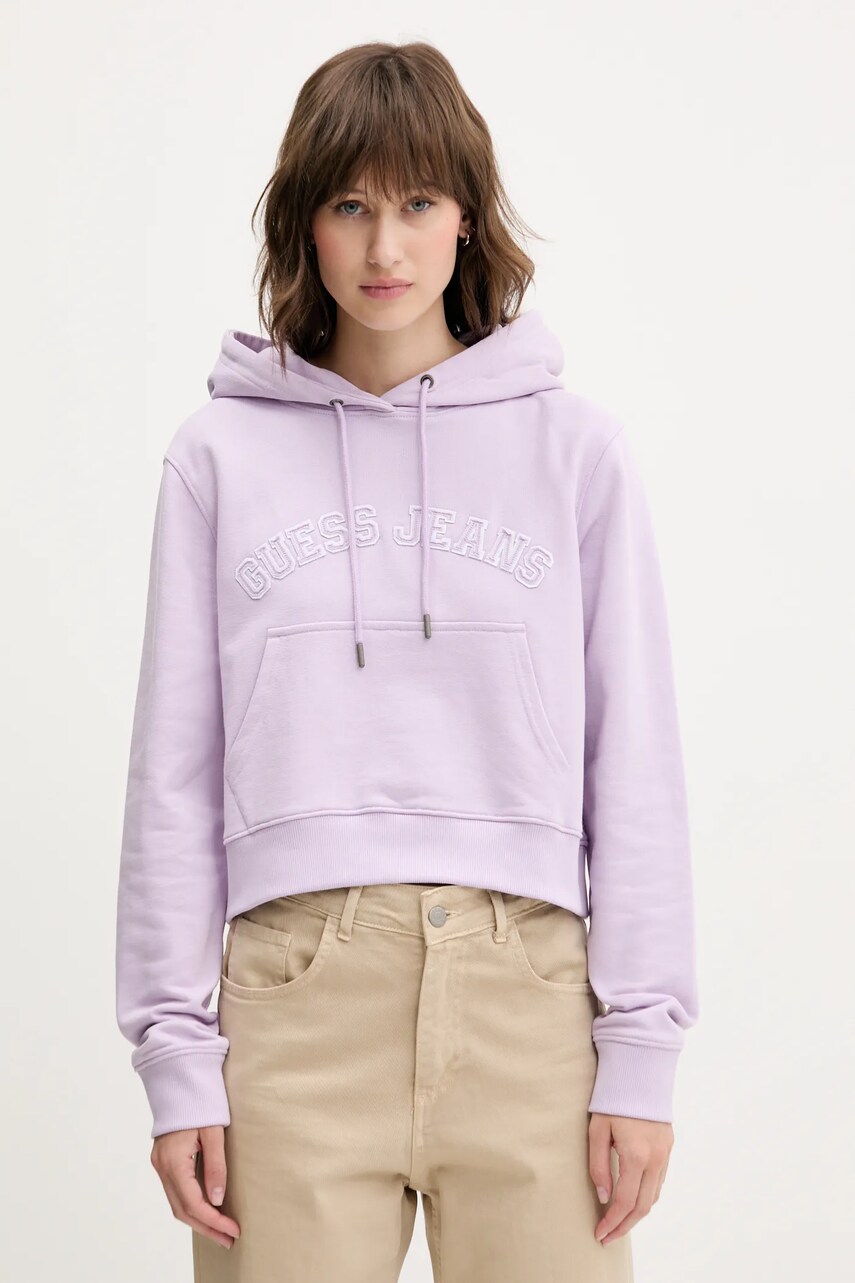 Levně Bavlněná mikina Guess Jeans dámská, fialová barva, s kapucí, s aplikací, W5GQ22 K68I4