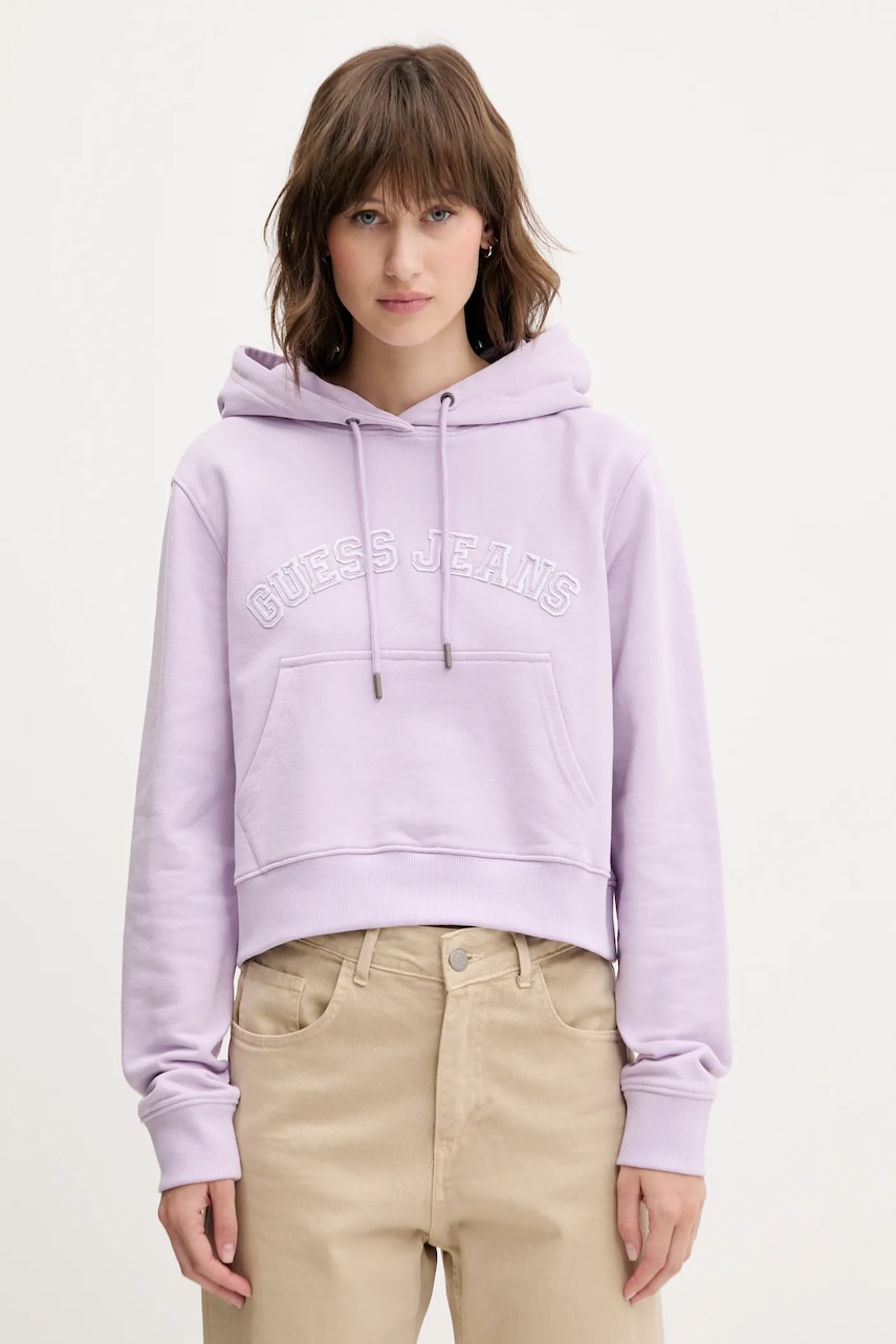 Bavlněná mikina Guess Jeans dámská, fialová barva, s kapucí, s aplikací, W5GQ22 K68I4
