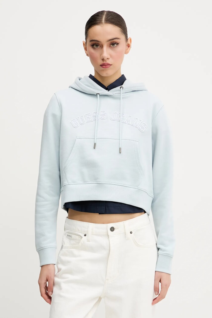 Levně Bavlněná mikina Guess Jeans dámská, modrá barva, s kapucí, s aplikací, W5GQ22 K68I4