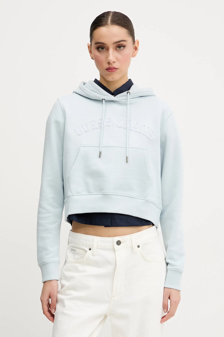 Bavlněná mikina Guess Jeans dámská, modrá barva, s kapucí, s aplikací, W5GQ22 K68I4