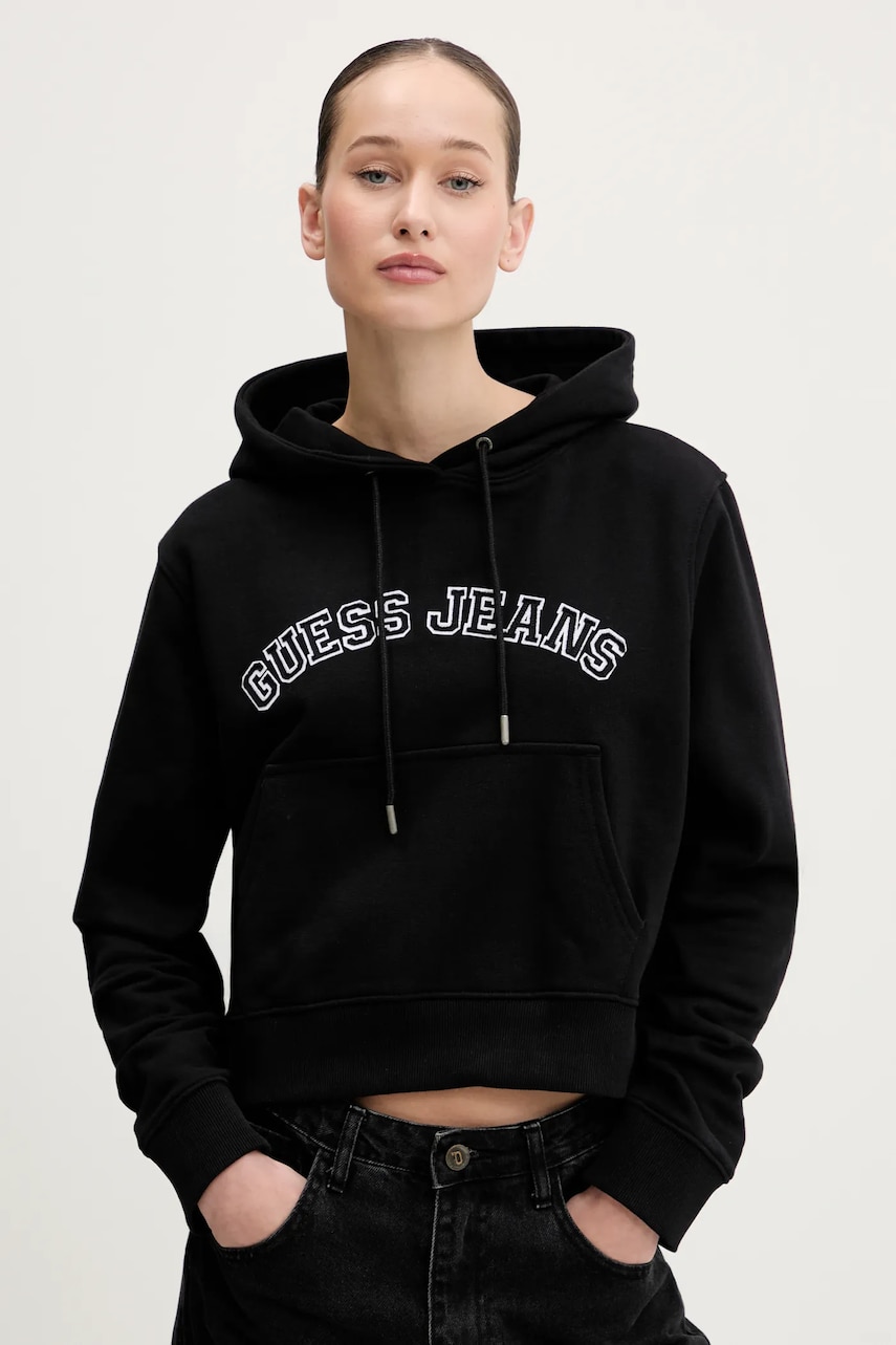 Levně Bavlněná mikina Guess Jeans dámská, černá barva, s kapucí, s aplikací, W5GQ22 K68I4