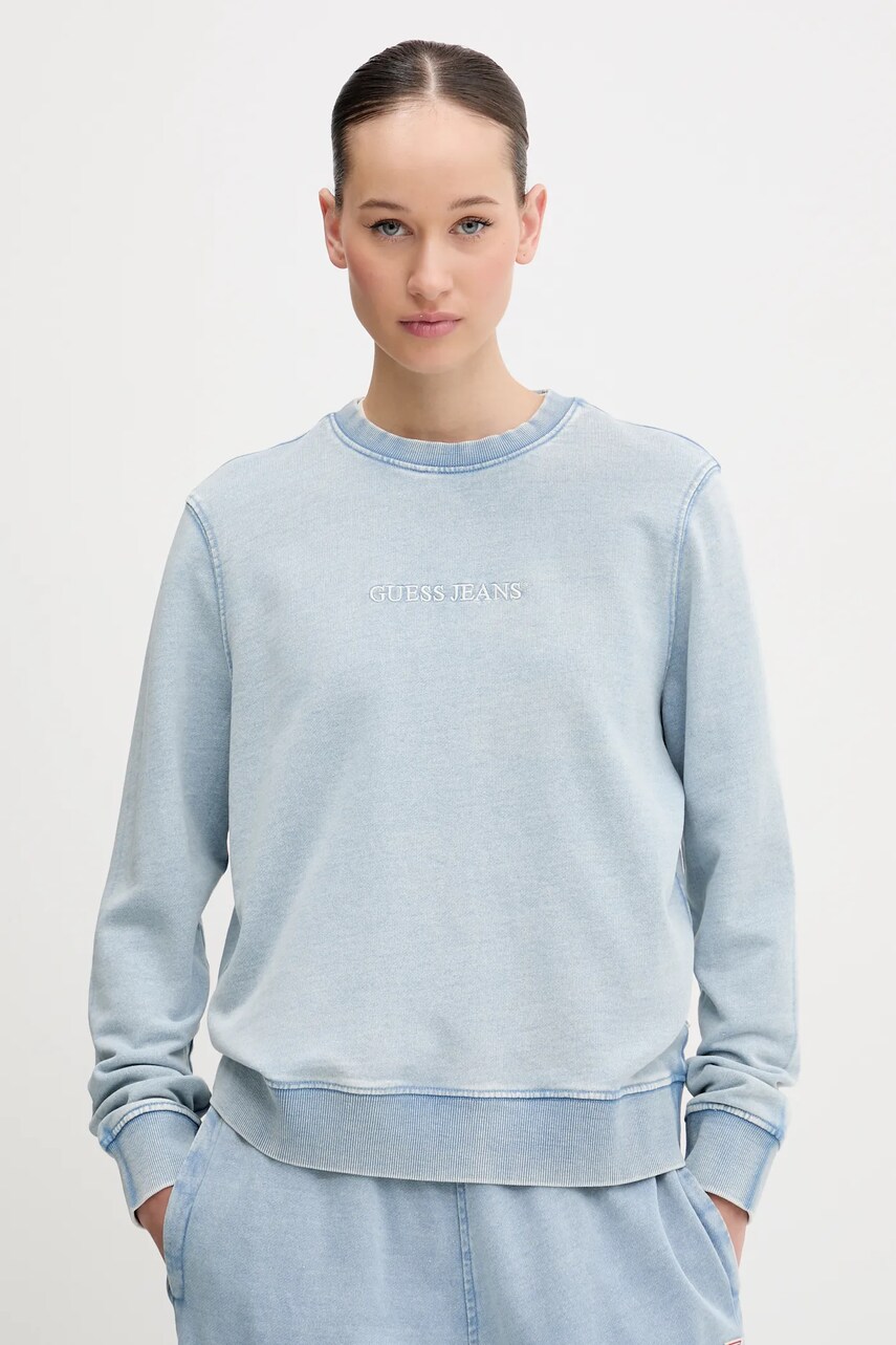 Levně Bavlněná mikina Guess Jeans dámská, modrá barva, s aplikací, W5GQ28 KCTJ1
