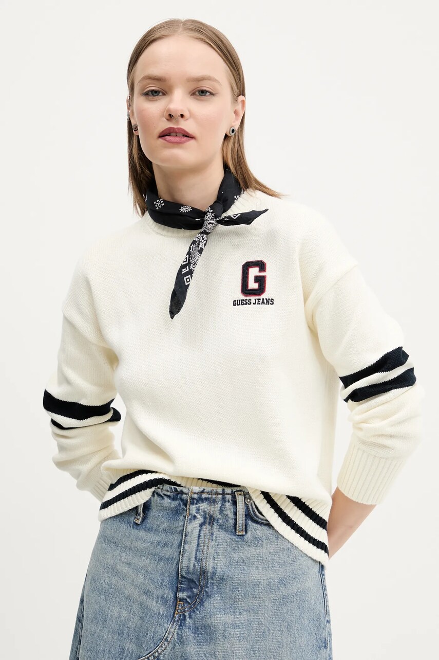 Levně Bavlněný svetr Guess Jeans dámský, béžová barva, lehký, W5GR01 Z3HM1