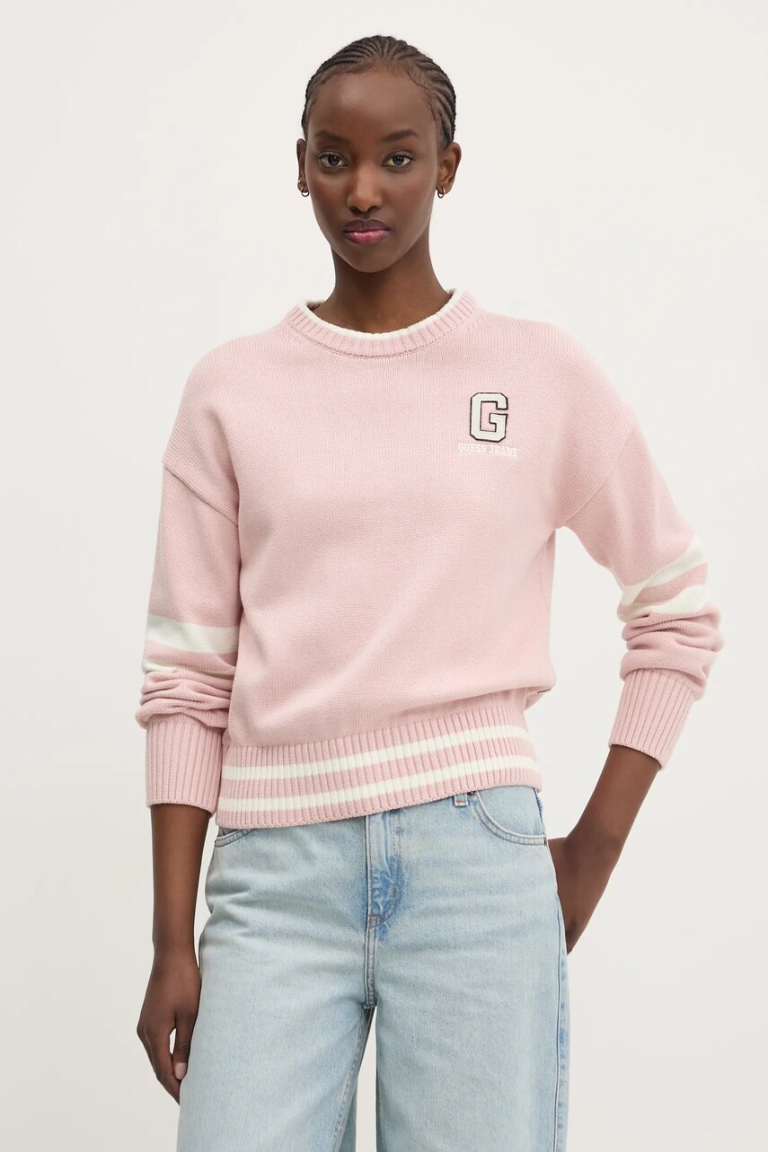 Levně Bavlněný svetr Guess Jeans dámský, růžová barva, lehký, W5GR01 Z3HM1