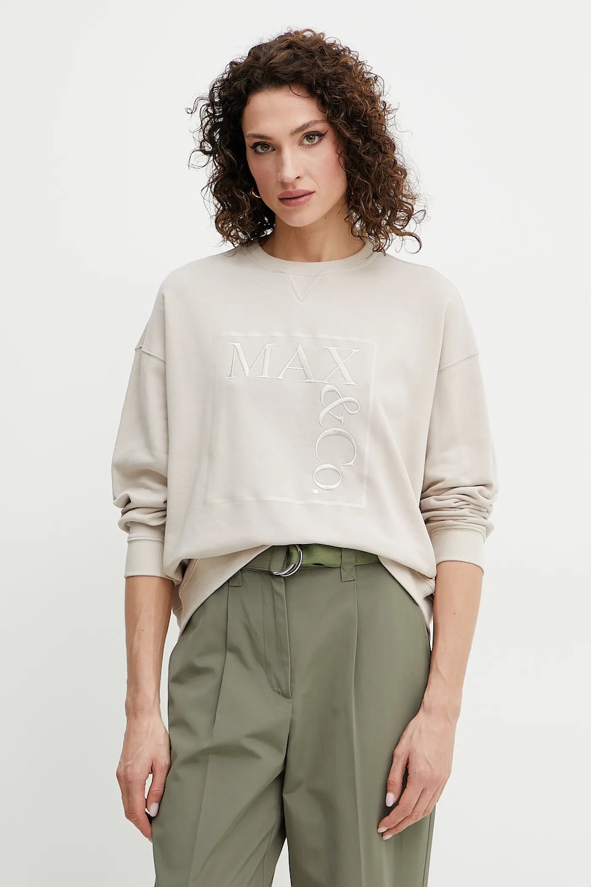 MAX&Co. hanorac de bumbac femei, culoarea bej, cu imprimeu, 2516921023200 MAX&Co. hanorac de bumbac femei, culoarea bej, cu imprimeu, 2516921023200