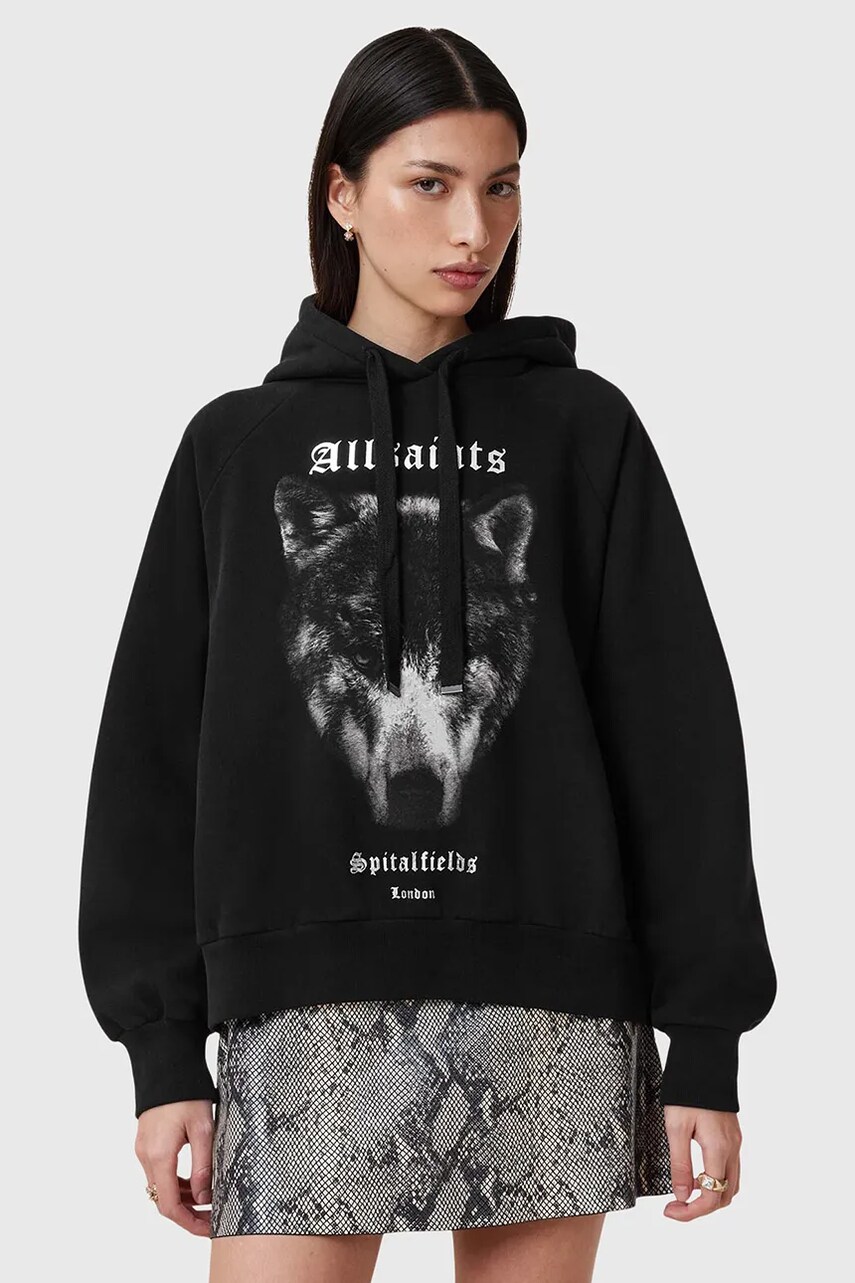 AllSaints bluza DAWN TALON femei, culoarea negru, cu glugă, cu imprimeu, W017JC