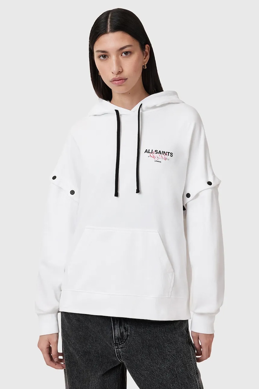 AllSaints hanorac de bumbac AMORE AMPHIE femei, culoarea alb, cu glugă, cu imprimeu, W057JC