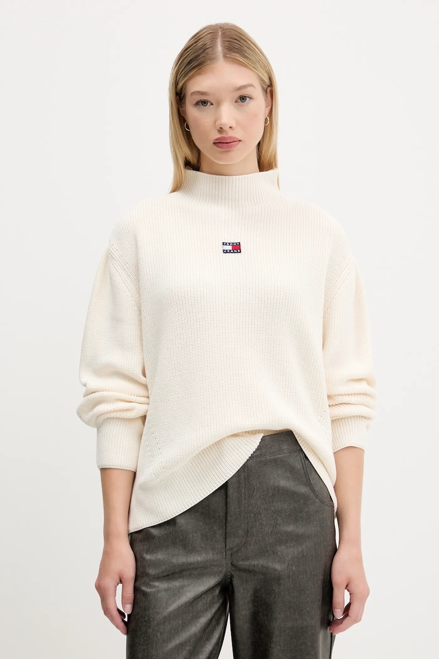 Tommy Jeans pulover de bumbac culoarea bej, cu turtleneck, DW0DW21676