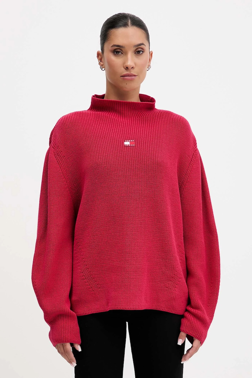 Tommy Jeans pulover de bumbac culoarea bordo, cu turtleneck, DW0DW21676