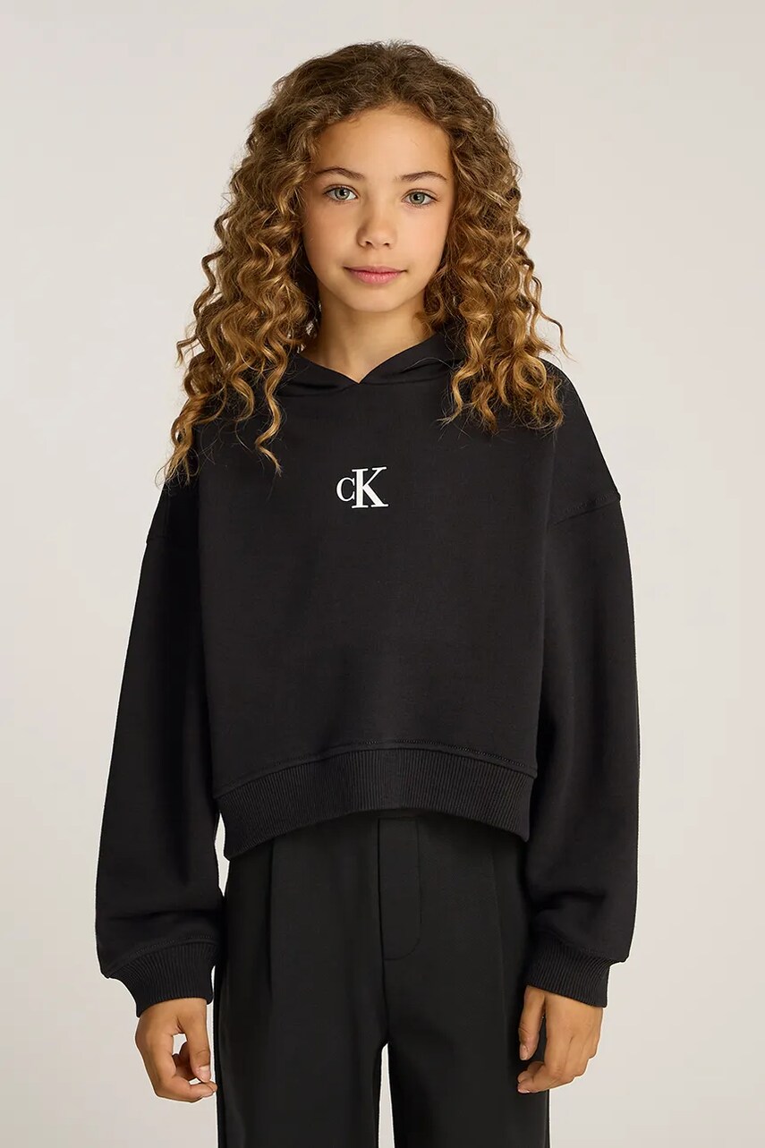Levně Dětská mikina Calvin Klein Jeans černá barva, s kapucí, hladká, IG0IG02755