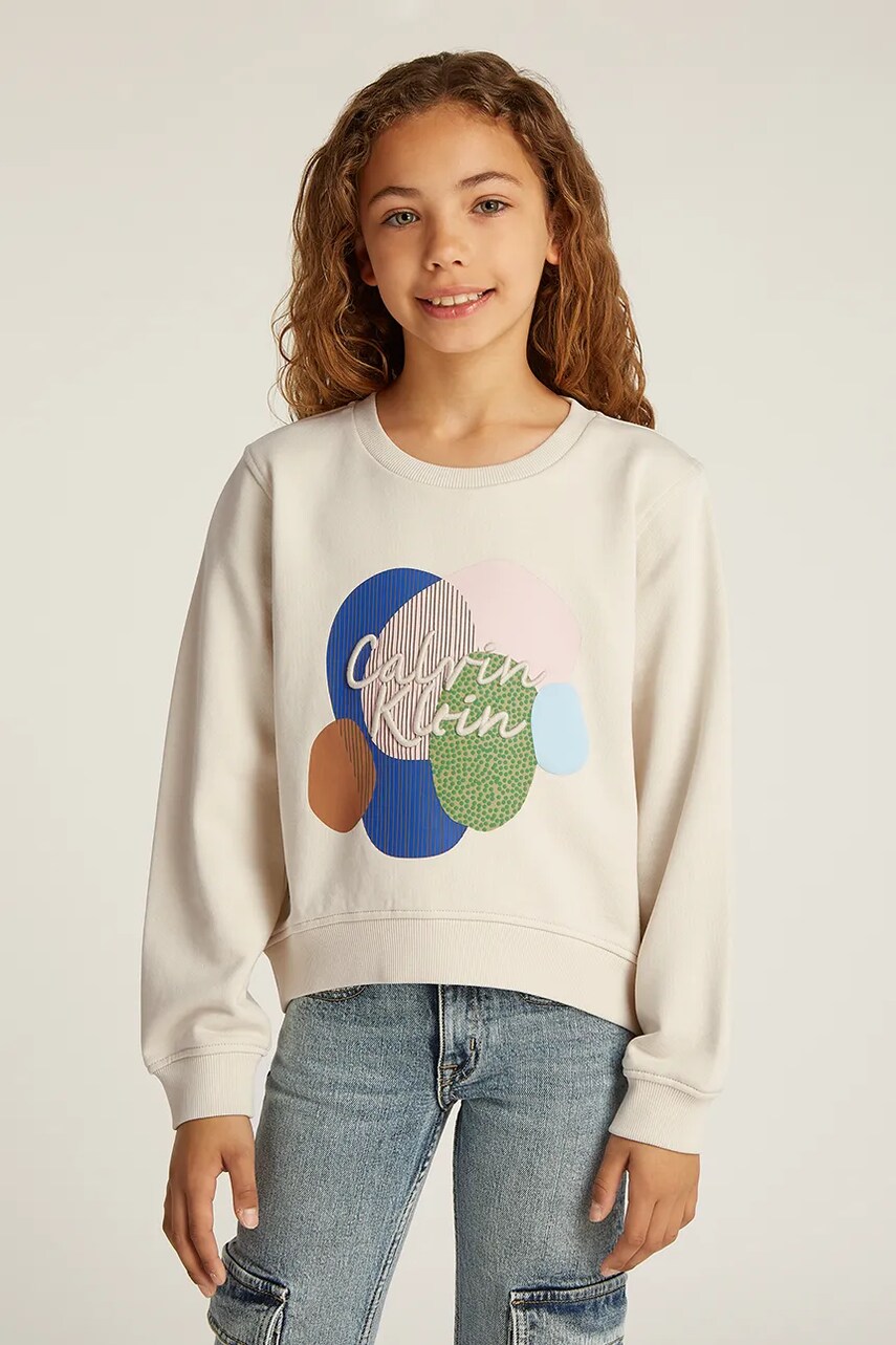 Levně Mikina Calvin Klein Jeans béžová barva, s potiskem, IG0IG02756